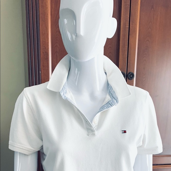 Tommy Hilfiger white cotton polo t-shirt logo blue & white striped collar lining - Picture 4 of 12